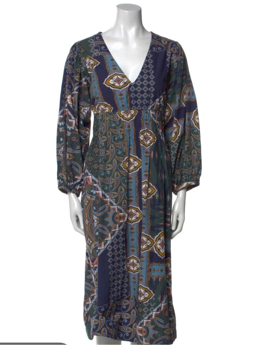 Cara Cara Mixed Teal Navy Patterned V-Neck Midi Dress